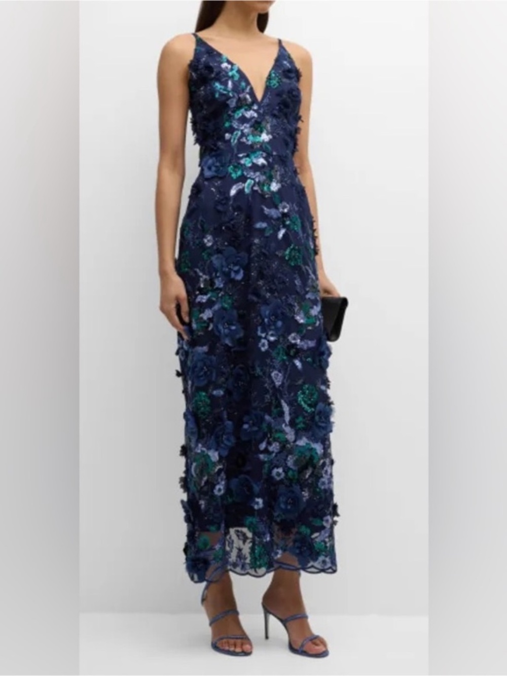 Helsi Nora Deep V-Neck Sequin & Applique Midi Dress in navy